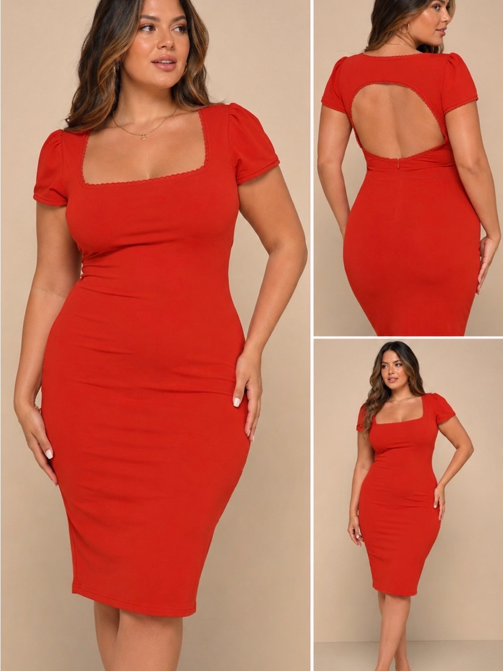 Lulus Red Open Back Bodycon Midi Dress |Square Neck Puff Sleeve| Size Large NWT